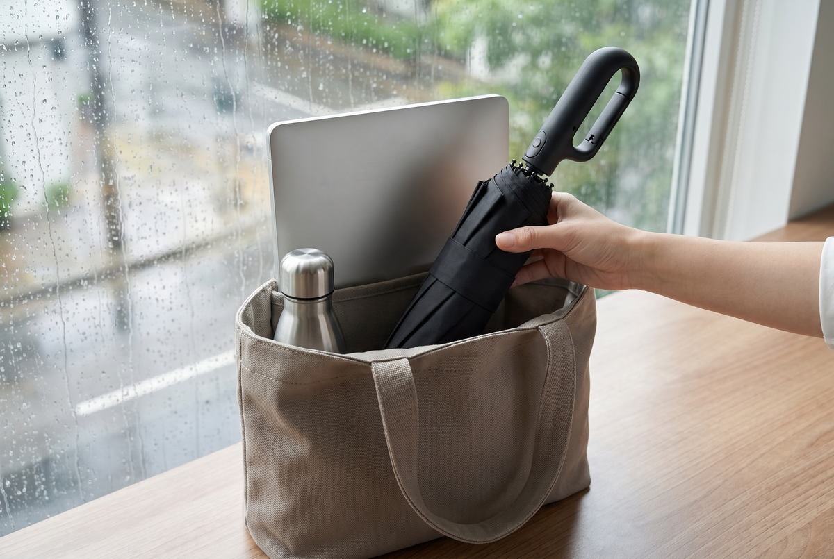 Folded Puddlio umbrella sliding into a work tote next to a laptop