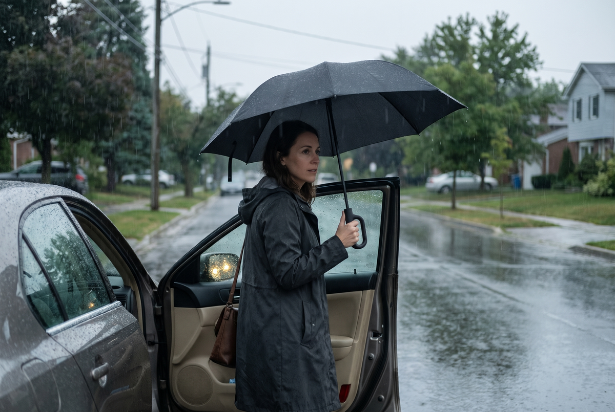 Woman stepping out of her car in the rain under a black Puddlio umbrella