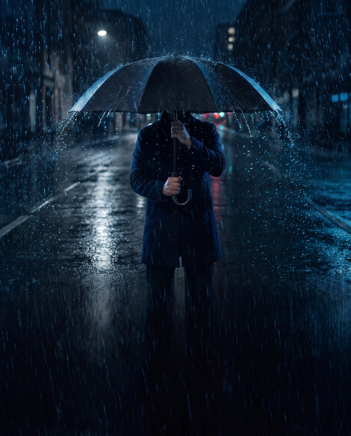 Man under a black Puddlio umbrella in heavy rain at night