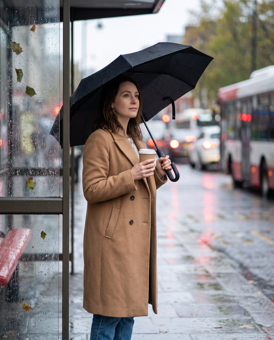 Bus stop, coffee in hand