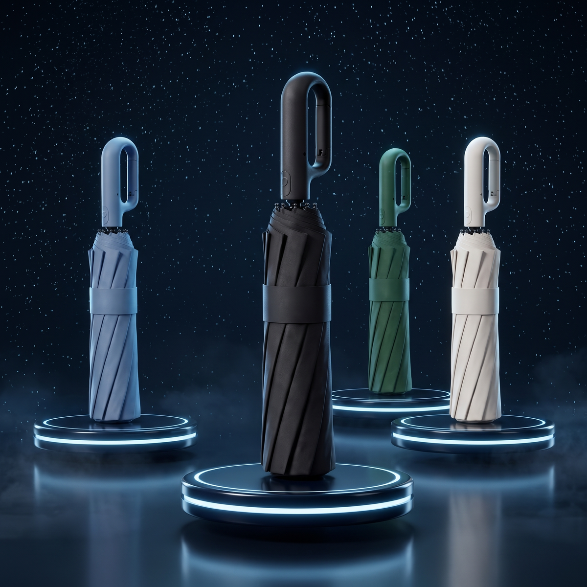 Puddlio umbrellas in black, haze blue, green and off-white