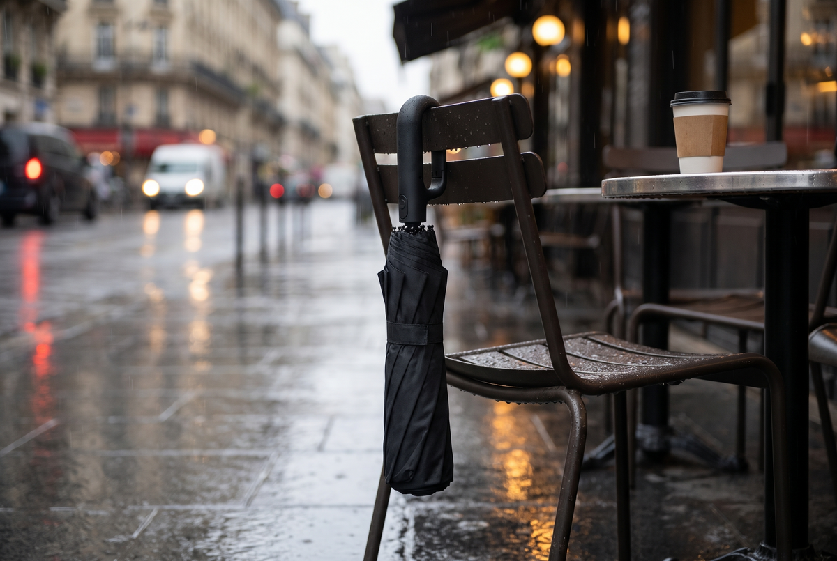Puddlio hanging by its handle loop on a café chair in the rain