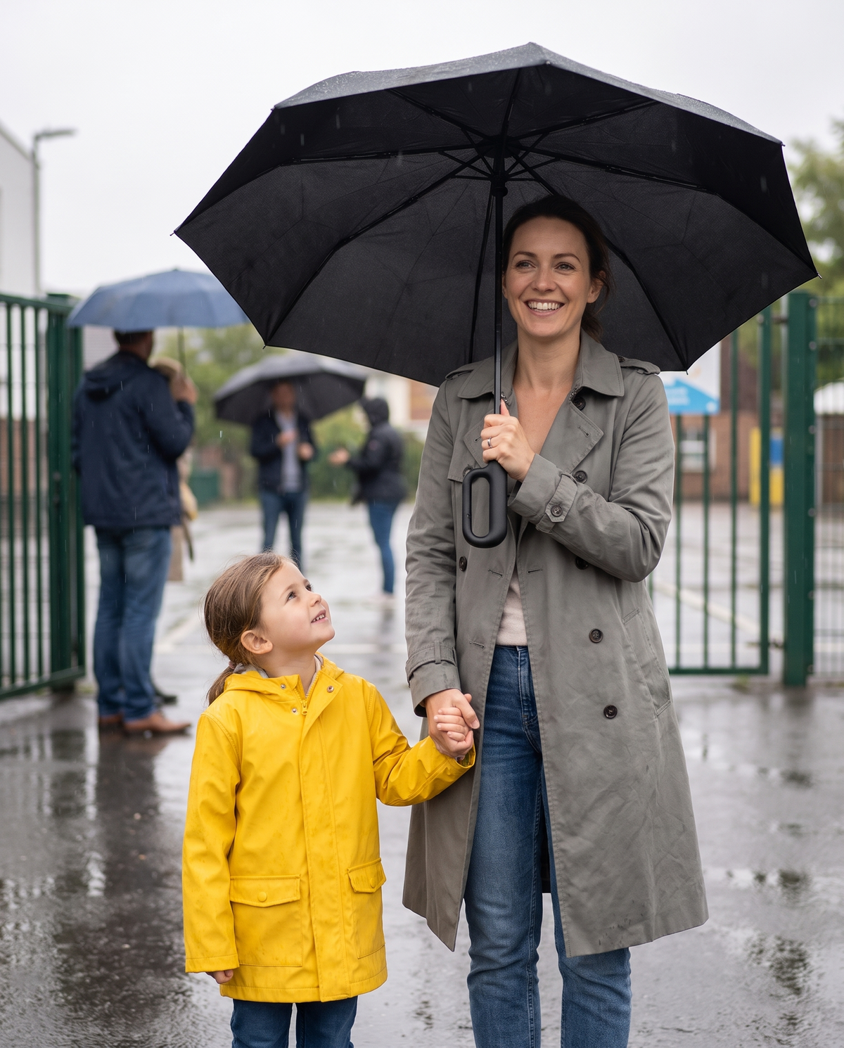 Mum and child at the school gate under a black Puddlio umbrella